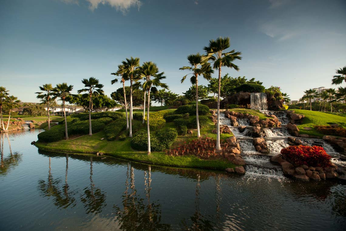 View of pond on golf course green